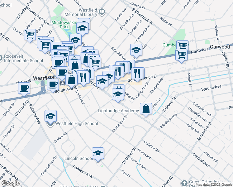 map of restaurants, bars, coffee shops, grocery stores, and more near 121 Cacciola Place in Westfield