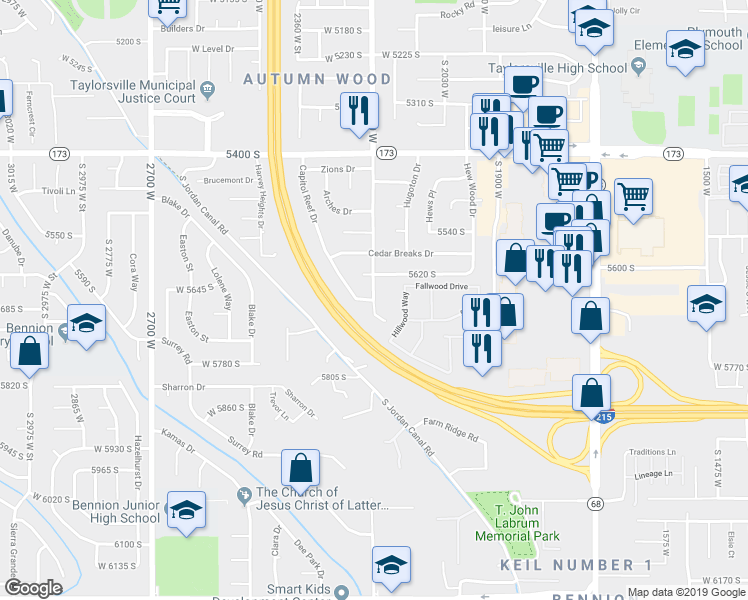 map of restaurants, bars, coffee shops, grocery stores, and more near 6313 2200 West in Taylorsville