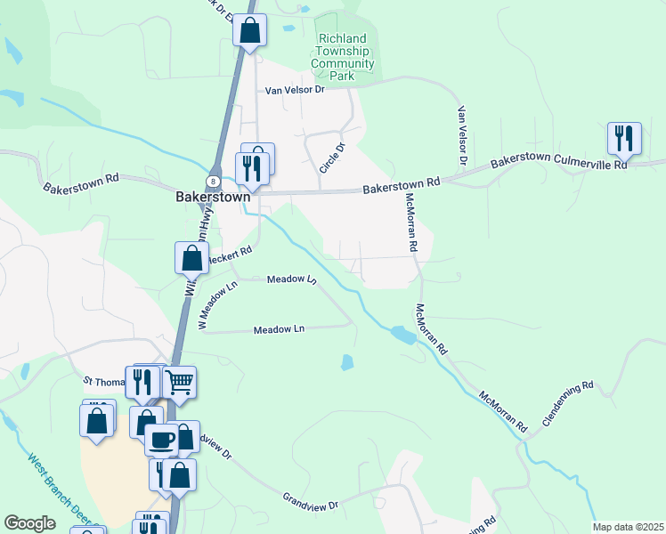 map of restaurants, bars, coffee shops, grocery stores, and more near 3623 Patricia Lane in Gibsonia