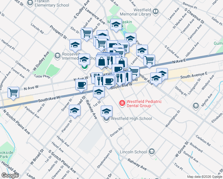 map of restaurants, bars, coffee shops, grocery stores, and more near 439 South Avenue West in Westfield