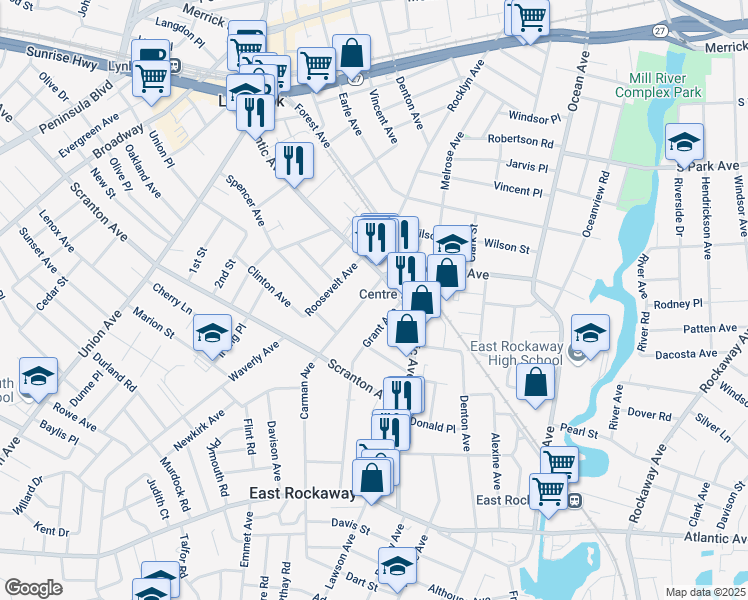 map of restaurants, bars, coffee shops, grocery stores, and more near 20 Carman Avenue in East Rockaway