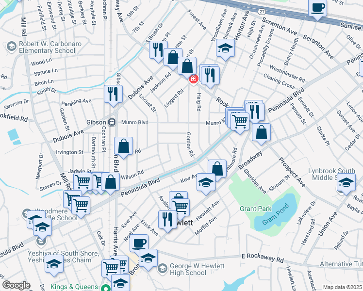 map of restaurants, bars, coffee shops, grocery stores, and more near 164 Page Road in Valley Stream