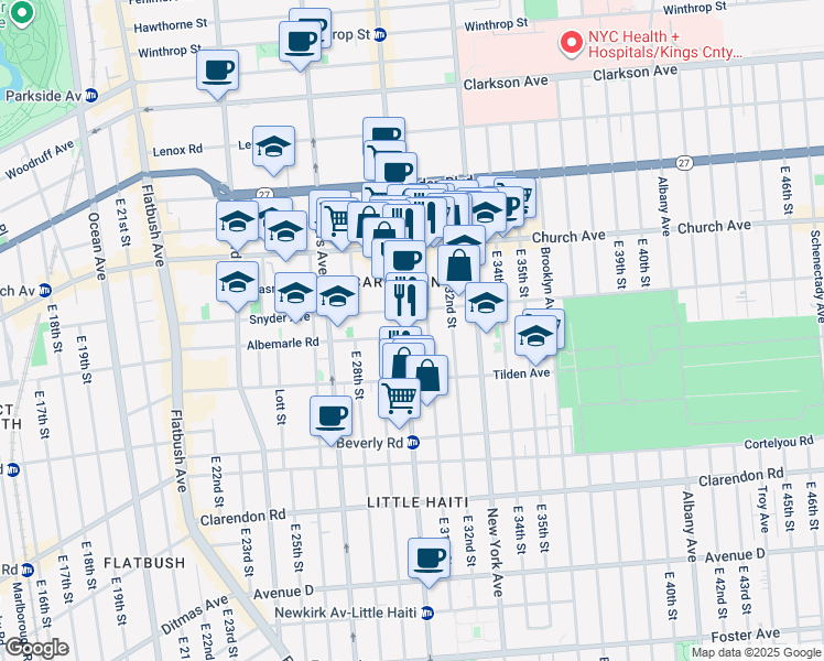 map of restaurants, bars, coffee shops, grocery stores, and more near 1553 Nostrand Avenue in Brooklyn