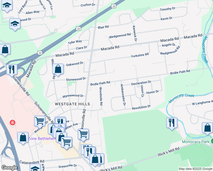 map of restaurants, bars, coffee shops, grocery stores, and more near 1125 Bridle Path Road in Bethlehem
