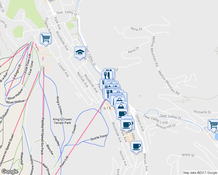 map of restaurants, bars, coffee shops, grocery stores, and more near 900 Main Street in Park City