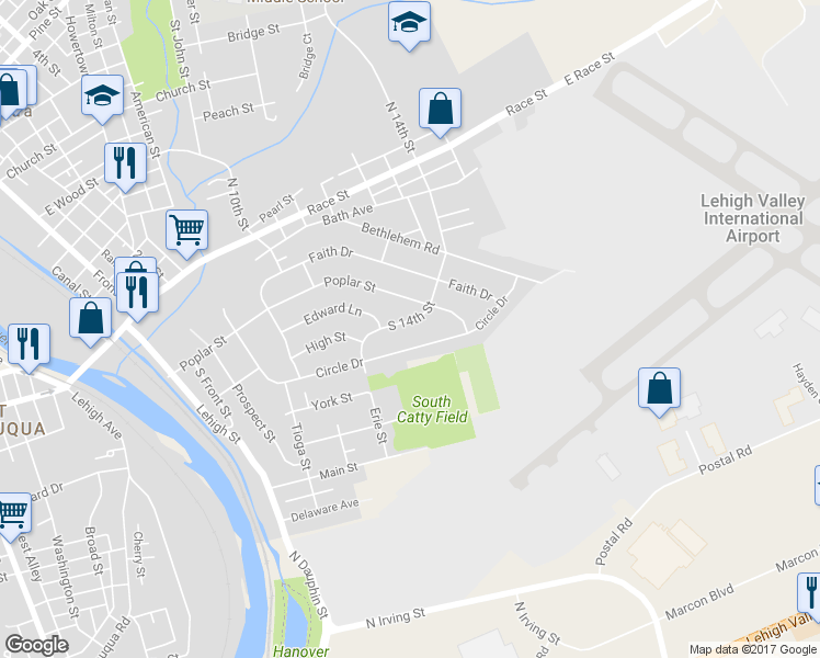 map of restaurants, bars, coffee shops, grocery stores, and more near 615 South 14th Street in Catasauqua
