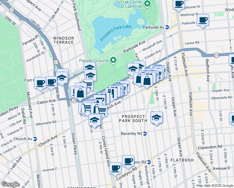 map of restaurants, bars, coffee shops, grocery stores, and more near 41 Westminster Road in Brooklyn