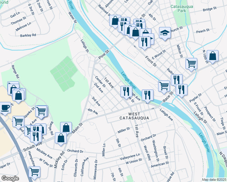 map of restaurants, bars, coffee shops, grocery stores, and more near 2136 North 1st Avenue in Lehigh County