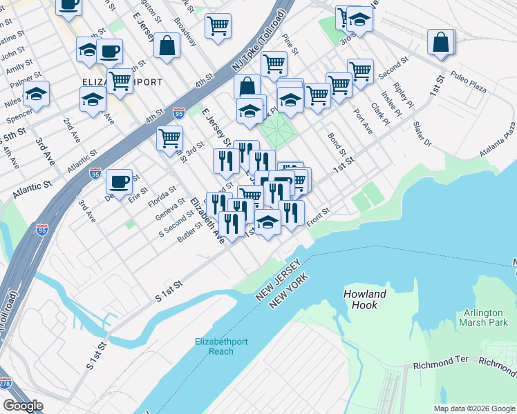 map of restaurants, bars, coffee shops, grocery stores, and more near 119 Fulton Street in Elizabeth