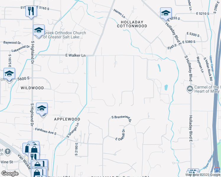 map of restaurants, bars, coffee shops, grocery stores, and more near 2316 Walker Lane South in Holladay