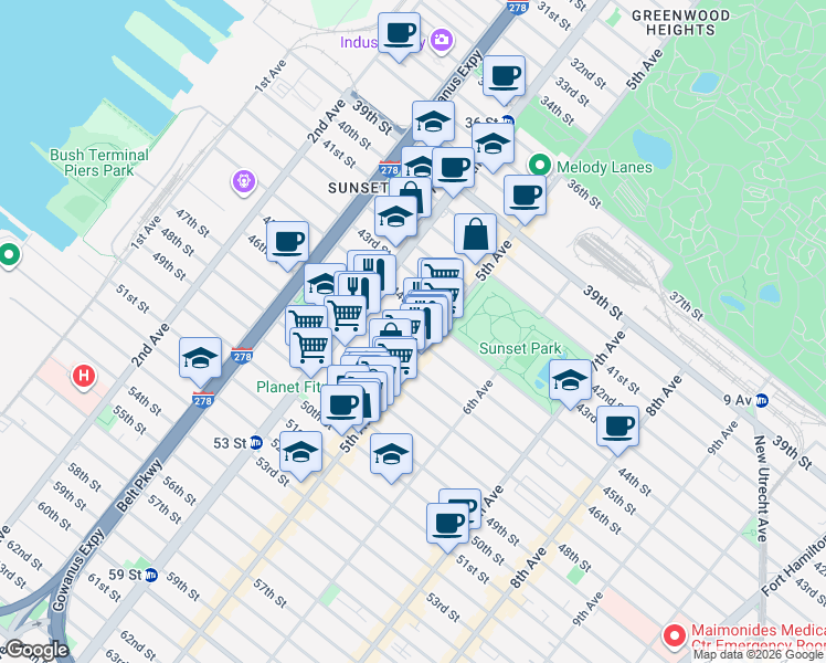 map of restaurants, bars, coffee shops, grocery stores, and more near 446 45th Street in Brooklyn