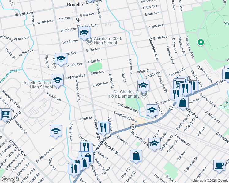 map of restaurants, bars, coffee shops, grocery stores, and more near 201 11th Avenue in Roselle