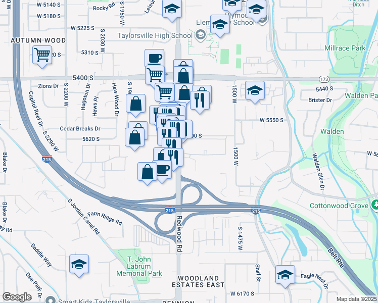 map of restaurants, bars, coffee shops, grocery stores, and more near 15 West thornhill Drive in Taylorsville