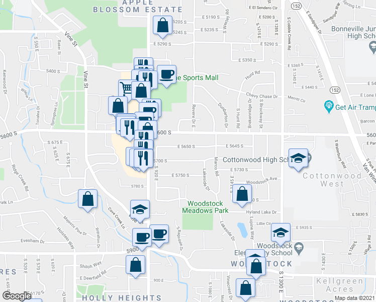 map of restaurants, bars, coffee shops, grocery stores, and more near 1006 East 5650 South in Murray