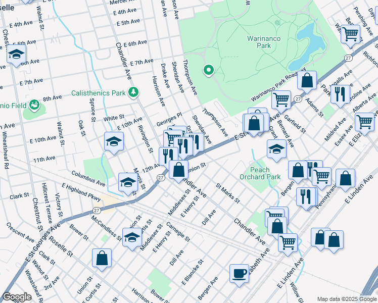 map of restaurants, bars, coffee shops, grocery stores, and more near 1169 Harrison Avenue in Roselle