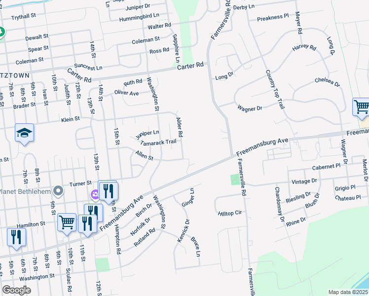 map of restaurants, bars, coffee shops, grocery stores, and more near 4275 Alder Road in Bethlehem