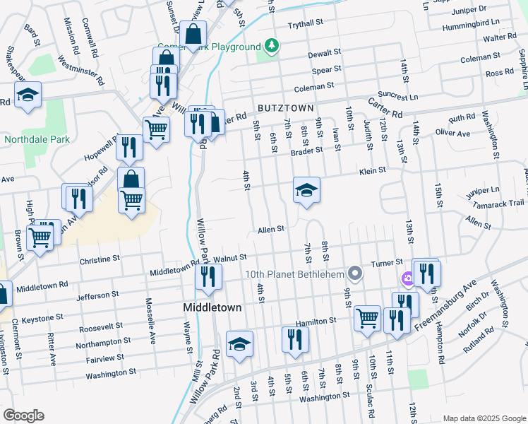 map of restaurants, bars, coffee shops, grocery stores, and more near 2231 5th Street in Bethlehem