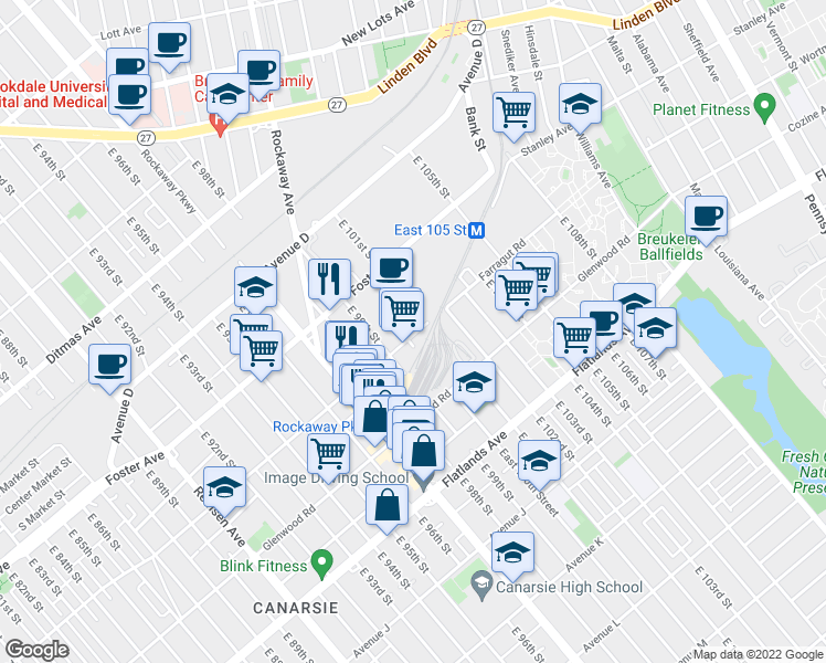 map of restaurants, bars, coffee shops, grocery stores, and more near 10103 Farragut Road in Brooklyn