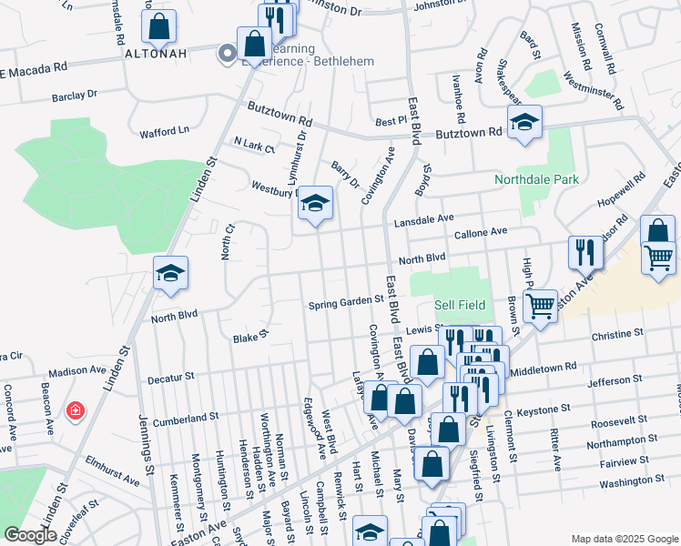 map of restaurants, bars, coffee shops, grocery stores, and more near 1256 North Boulevard in Bethlehem