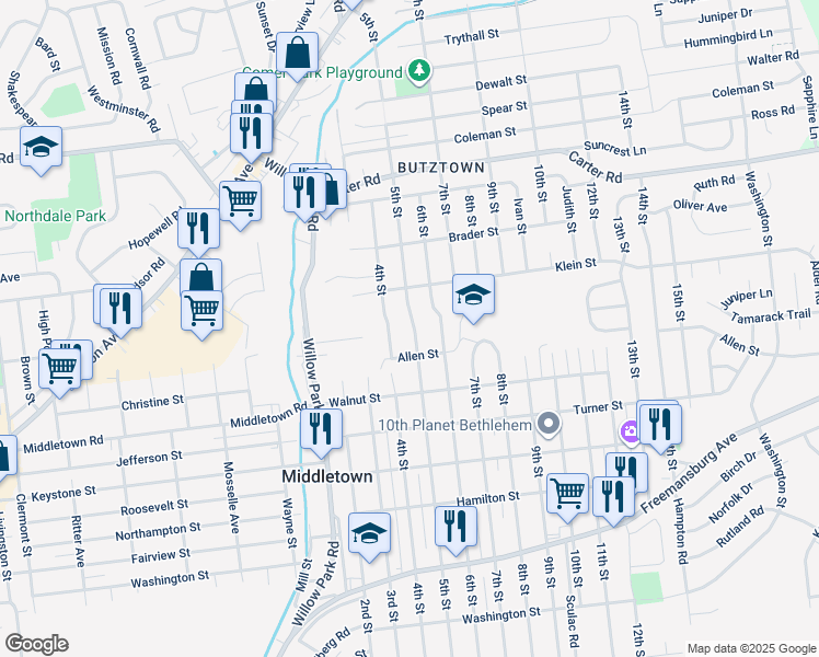 map of restaurants, bars, coffee shops, grocery stores, and more near 2231 5th Street in Bethlehem