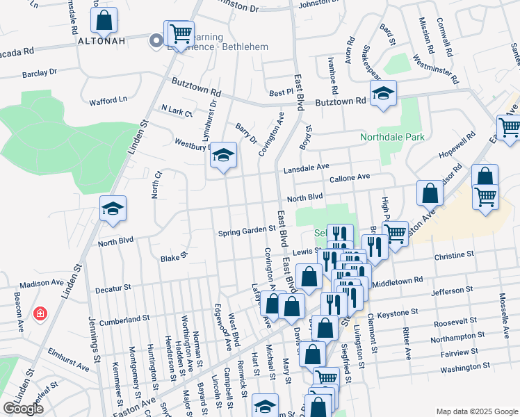 map of restaurants, bars, coffee shops, grocery stores, and more near 1344 North Boulevard in Bethlehem