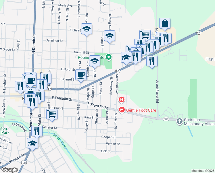 map of restaurants, bars, coffee shops, grocery stores, and more near 95 Broadway Street in Kenton