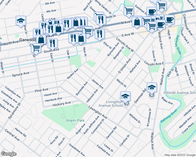map of restaurants, bars, coffee shops, grocery stores, and more near 11 New Street in Cranford