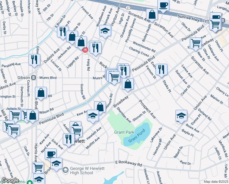 map of restaurants, bars, coffee shops, grocery stores, and more near 1709 Fenimore Rd in Hewlett