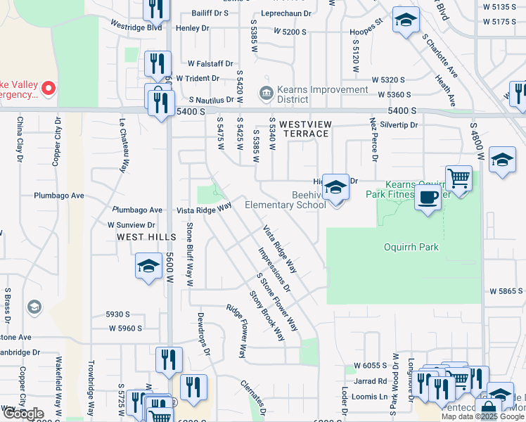 map of restaurants, bars, coffee shops, grocery stores, and more near 5352 Summit Brook Circle in Kearns