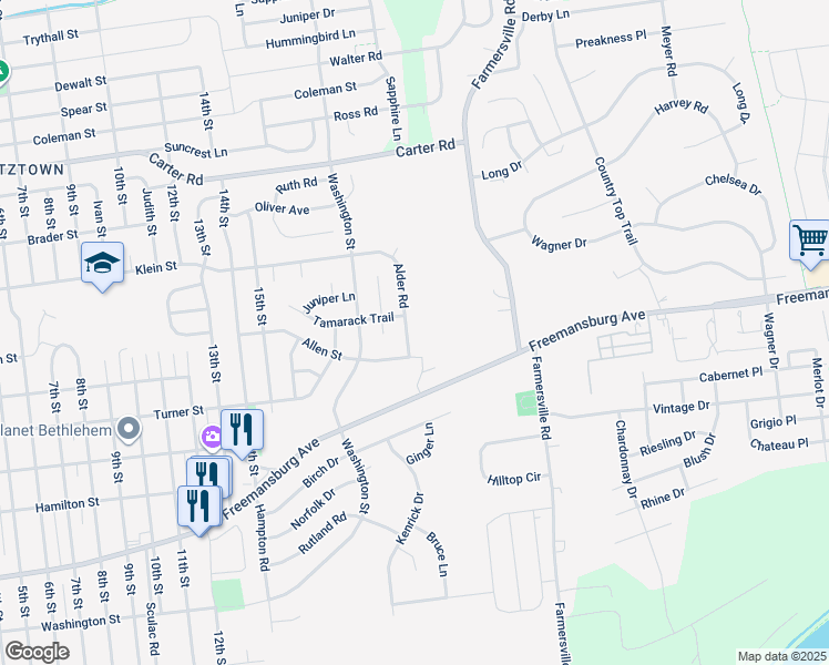 map of restaurants, bars, coffee shops, grocery stores, and more near 4275 Alder Road in Bethlehem