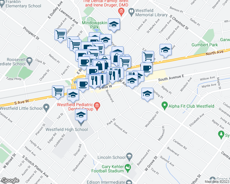 map of restaurants, bars, coffee shops, grocery stores, and more near 220 Ross Place in Westfield