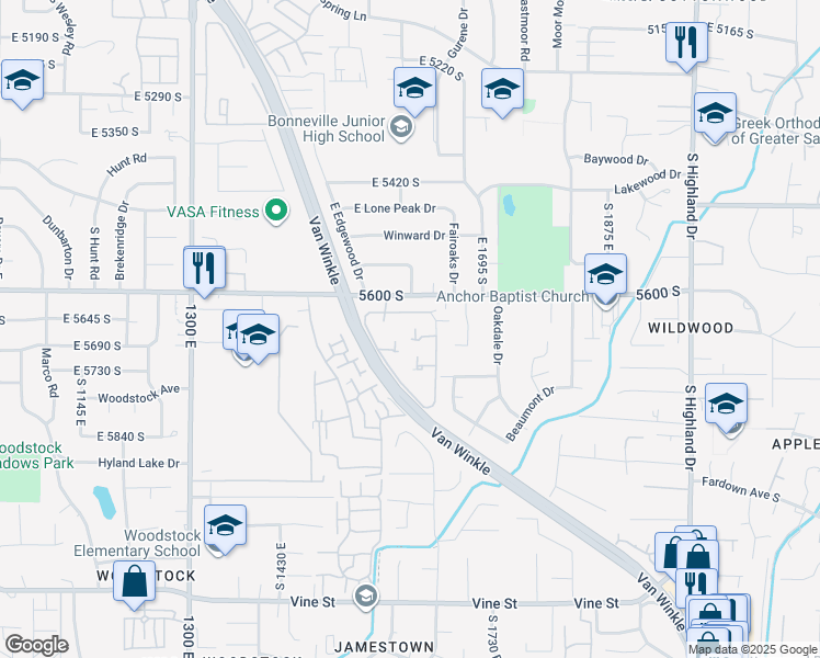 map of restaurants, bars, coffee shops, grocery stores, and more near 5654 South Saint Charles Place in Holladay