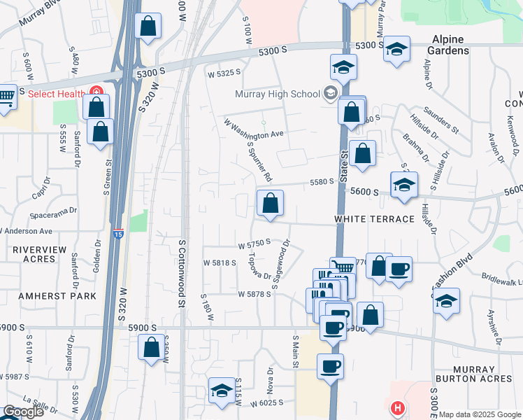 map of restaurants, bars, coffee shops, grocery stores, and more near 5659 Magic Isle Lane in Murray