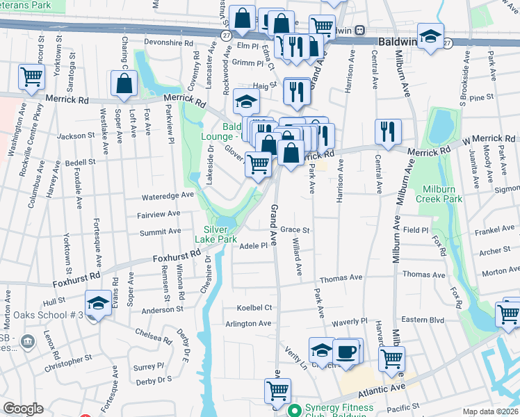 map of restaurants, bars, coffee shops, grocery stores, and more near 724 Foxhurst Road in Baldwin