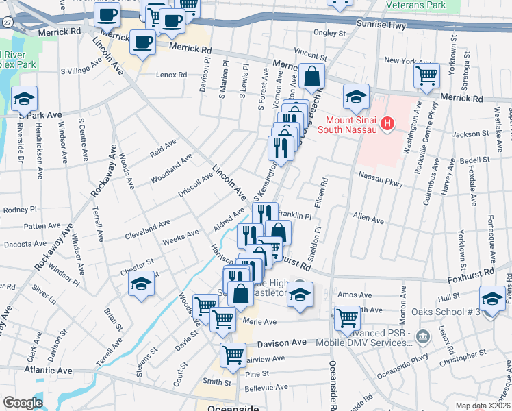 map of restaurants, bars, coffee shops, grocery stores, and more near 192 South Long Beach Road in Rockville Centre