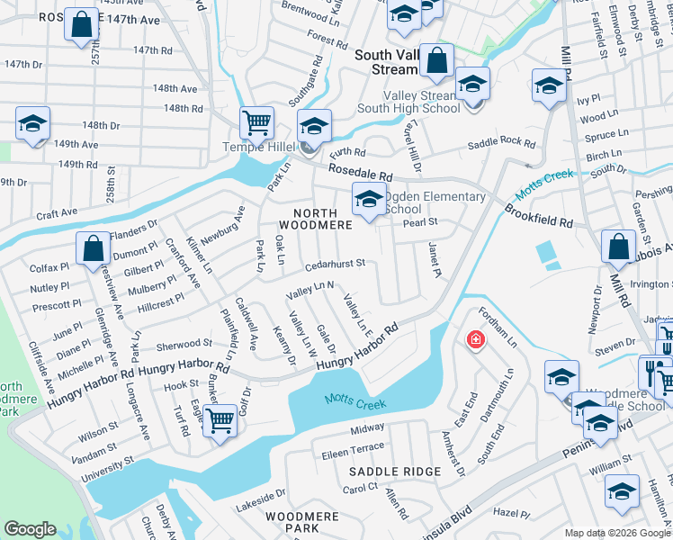 map of restaurants, bars, coffee shops, grocery stores, and more near 989 Cedarhurst Street in Valley Stream