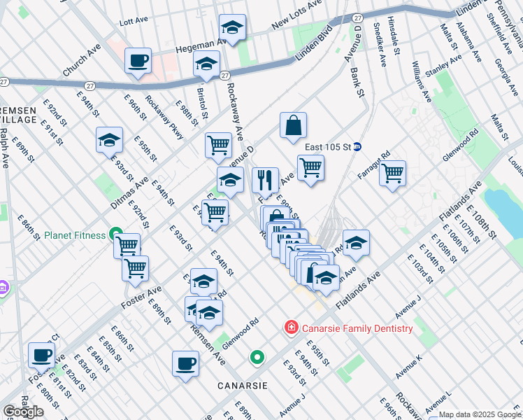 map of restaurants, bars, coffee shops, grocery stores, and more near 9720 Foster Avenue in Brooklyn