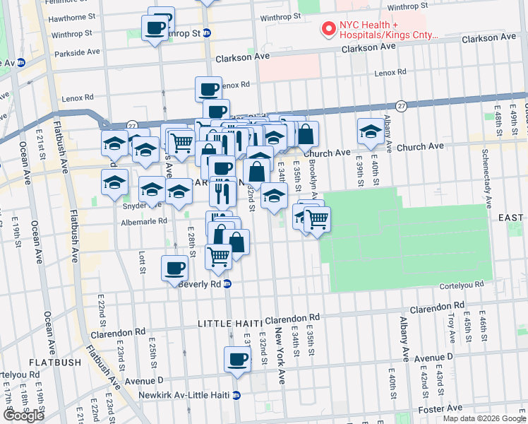map of restaurants, bars, coffee shops, grocery stores, and more near 95 East 32nd Street in Brooklyn