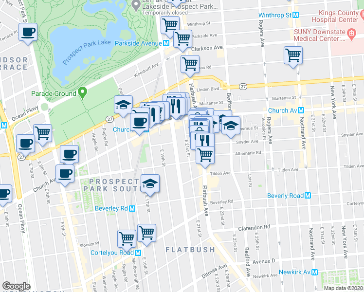 map of restaurants, bars, coffee shops, grocery stores, and more near 575 Ocean Avenue in Brooklyn