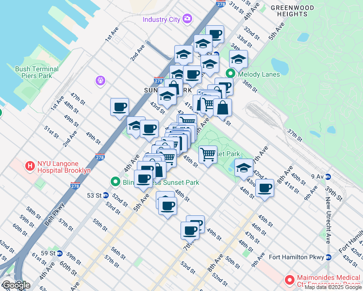 map of restaurants, bars, coffee shops, grocery stores, and more near 4402 5th Avenue in Brooklyn