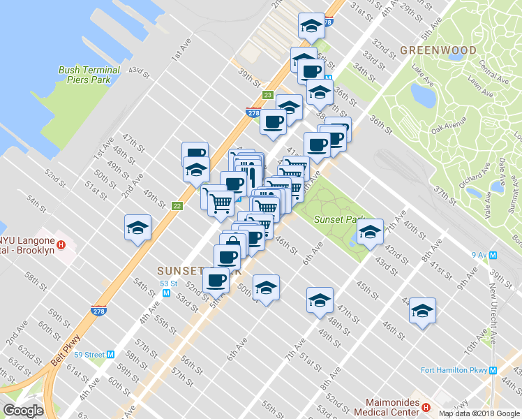 map of restaurants, bars, coffee shops, grocery stores, and more near 446 45th Street in Brooklyn