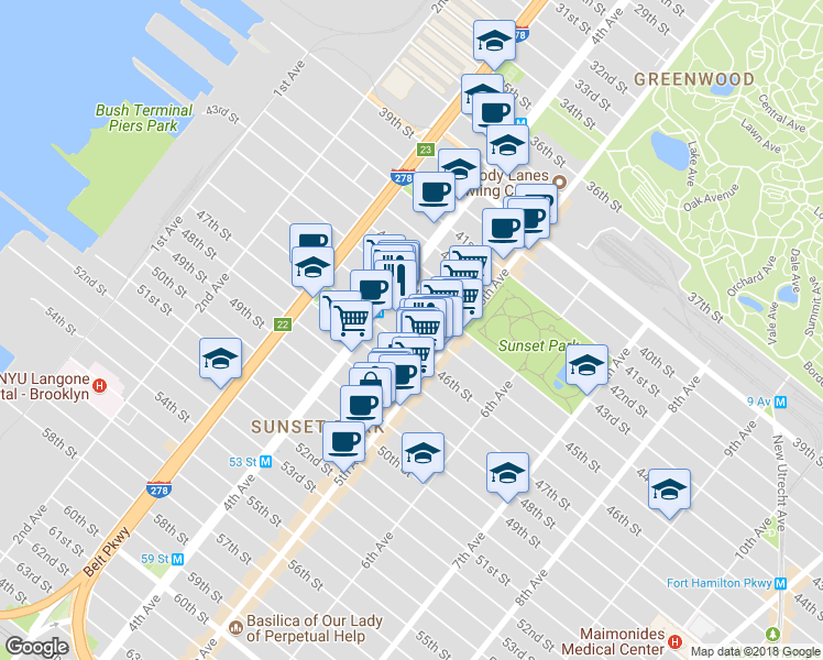 map of restaurants, bars, coffee shops, grocery stores, and more near 446 45th Street in Brooklyn