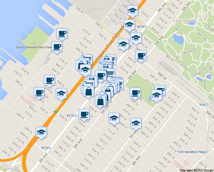 map of restaurants, bars, coffee shops, grocery stores, and more near 402 46th Street in Brooklyn