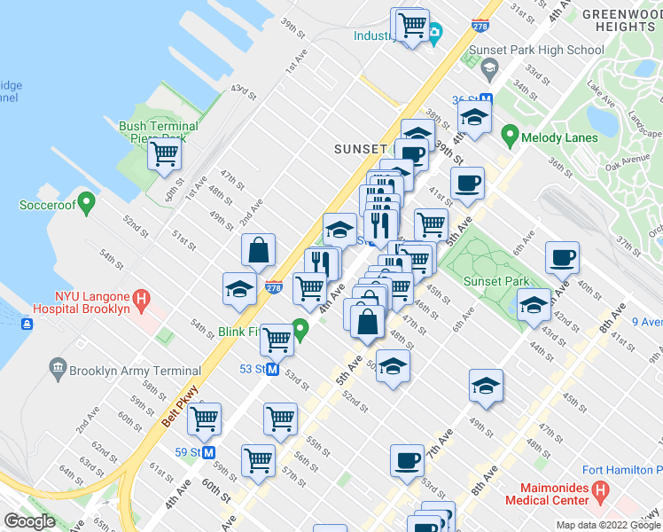 map of restaurants, bars, coffee shops, grocery stores, and more near 358 47th Street in Brooklyn