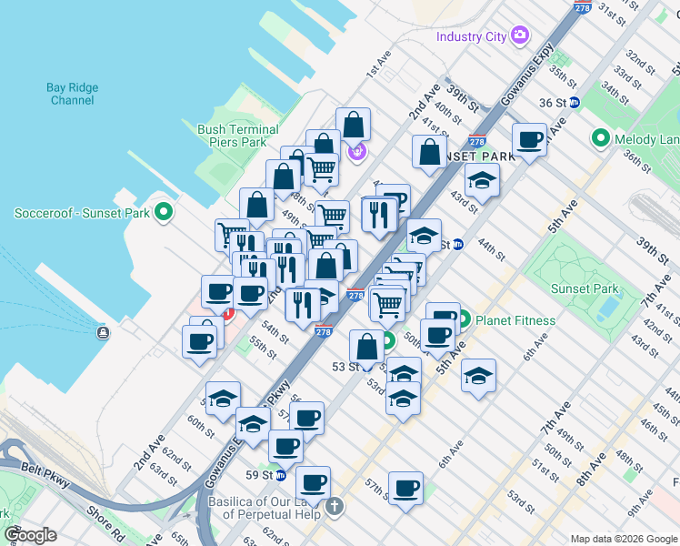map of restaurants, bars, coffee shops, grocery stores, and more near 240 50th Street in Brooklyn