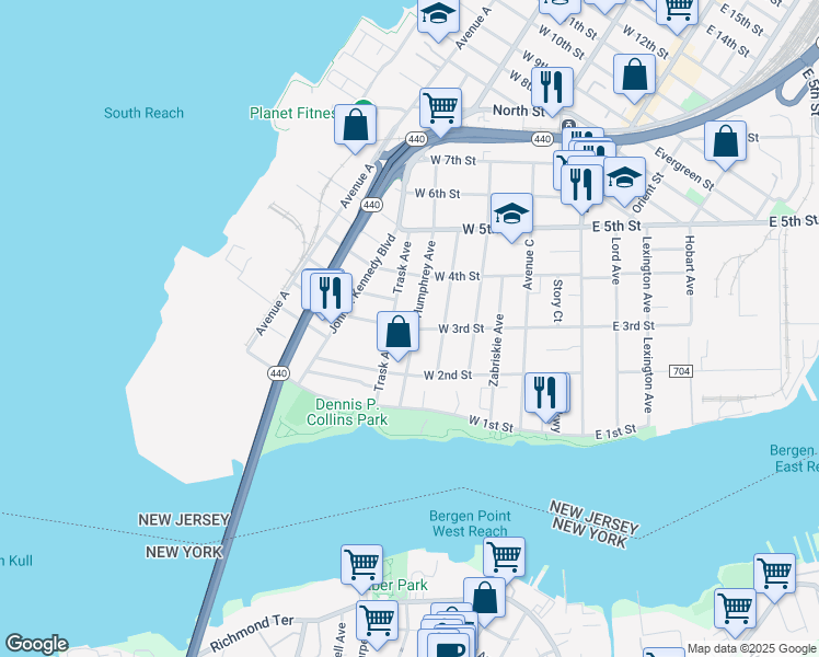 map of restaurants, bars, coffee shops, grocery stores, and more near 115 West 3rd Street in Bayonne
