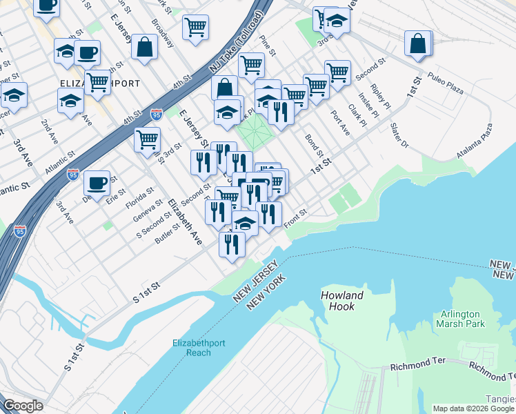 map of restaurants, bars, coffee shops, grocery stores, and more near 121 1st Street in Elizabeth
