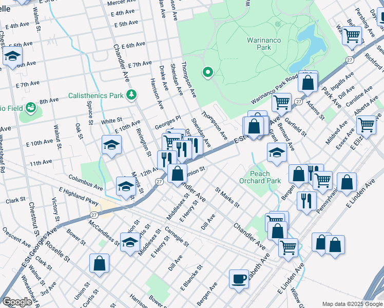 map of restaurants, bars, coffee shops, grocery stores, and more near 1169 Harrison Avenue in Roselle