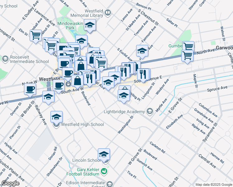 map of restaurants, bars, coffee shops, grocery stores, and more near 501-503 Central Avenue in Westfield