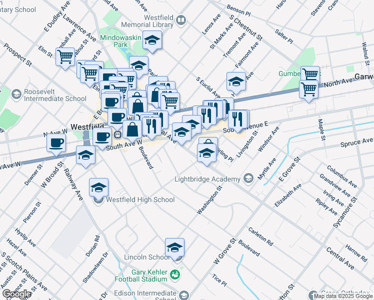 map of restaurants, bars, coffee shops, grocery stores, and more near 501-503 Central Avenue in Westfield